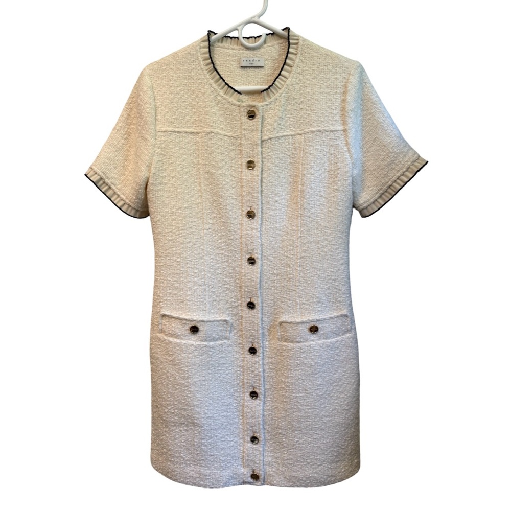 Sandro Ivory Tweed Boucle Short Sleeve Dress